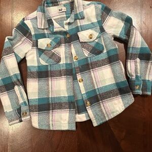 SO Kids Plaid Button Down Flannel - Teal, White, Black, and Lavender.